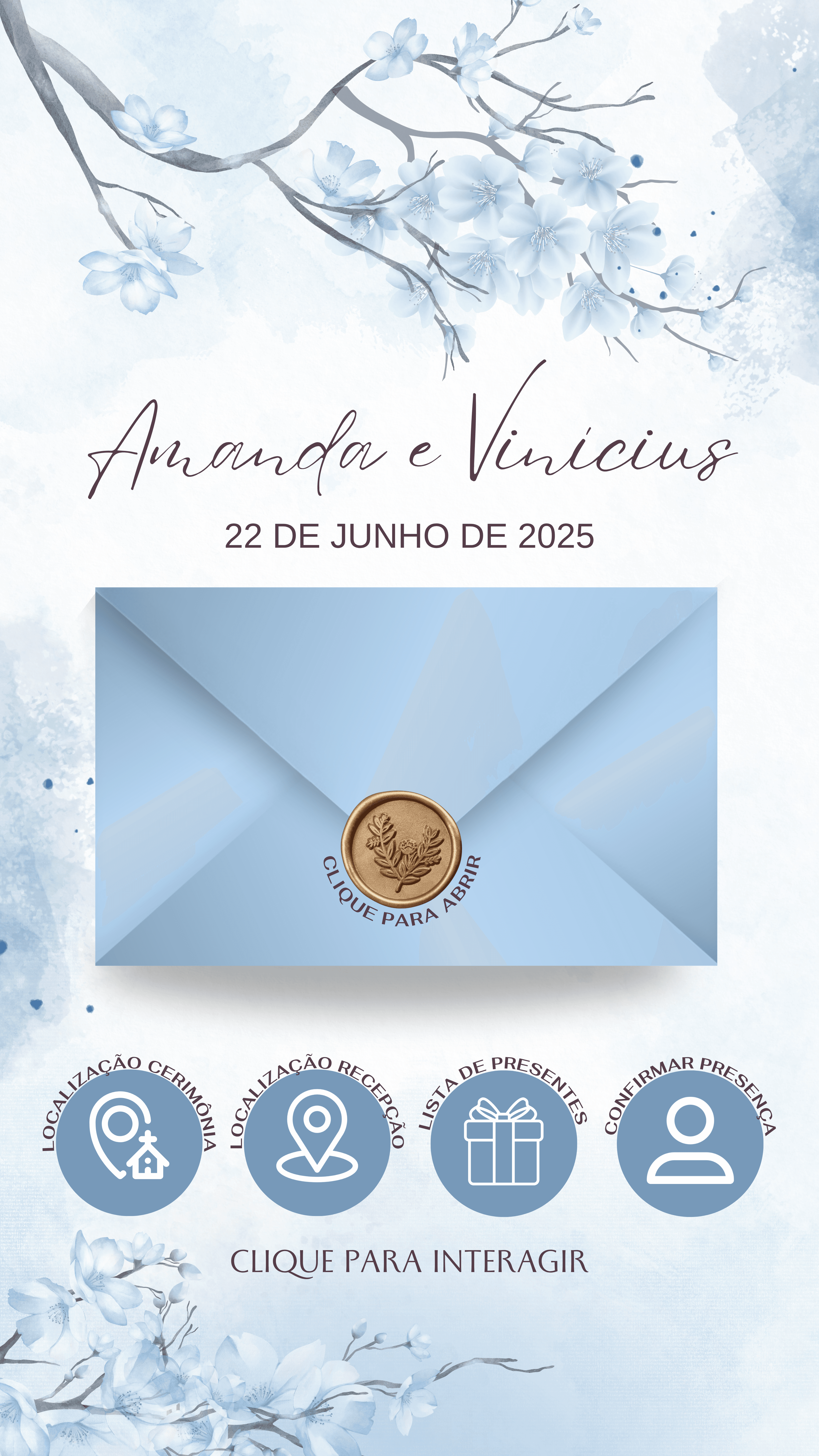 Convite de Casamento Modelo "Nosso Amor Floresceu", cor Azul Serenity