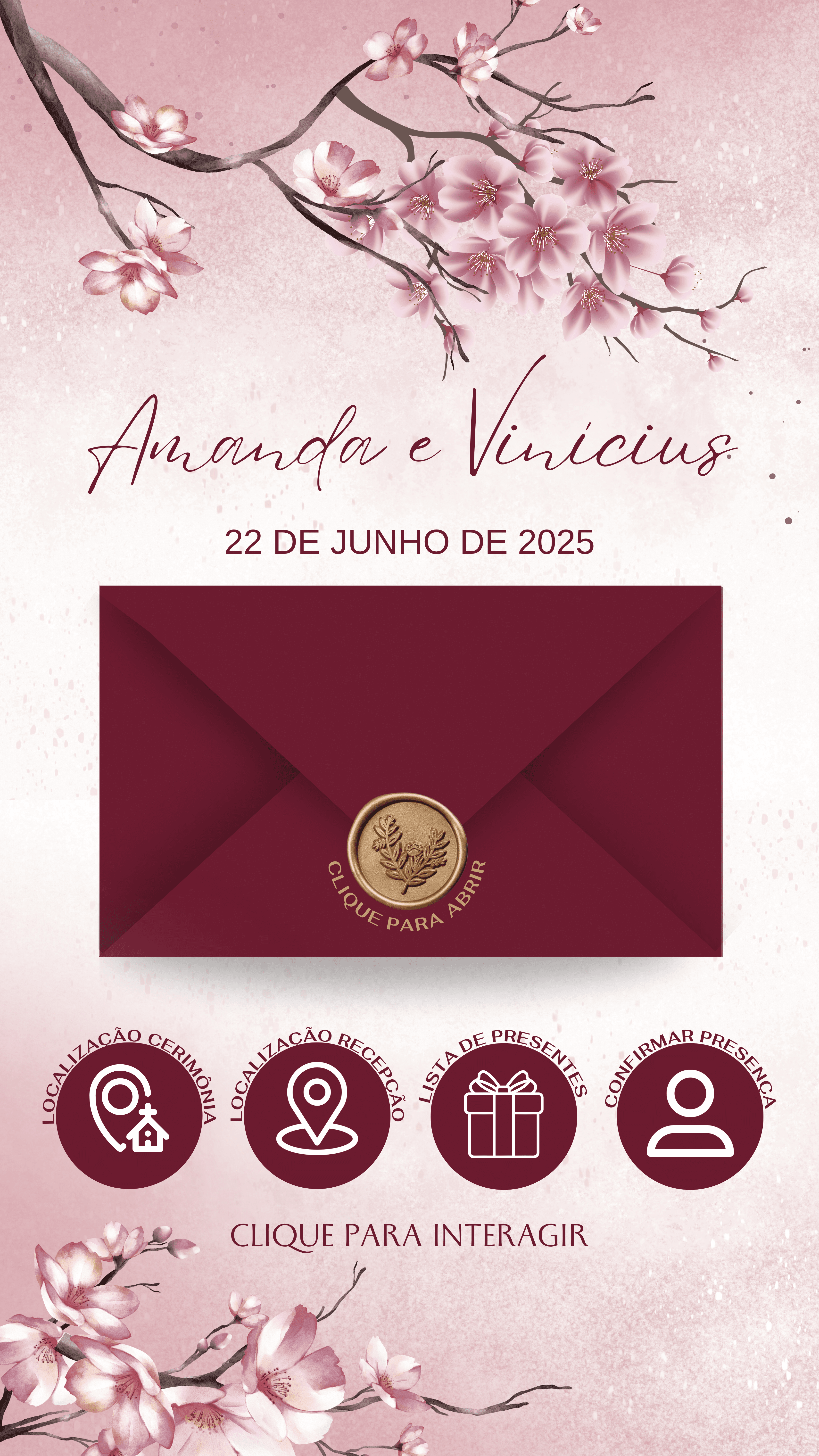 Convite de Casamento Modelo "Nosso Amor Floresceu", cor Marsala